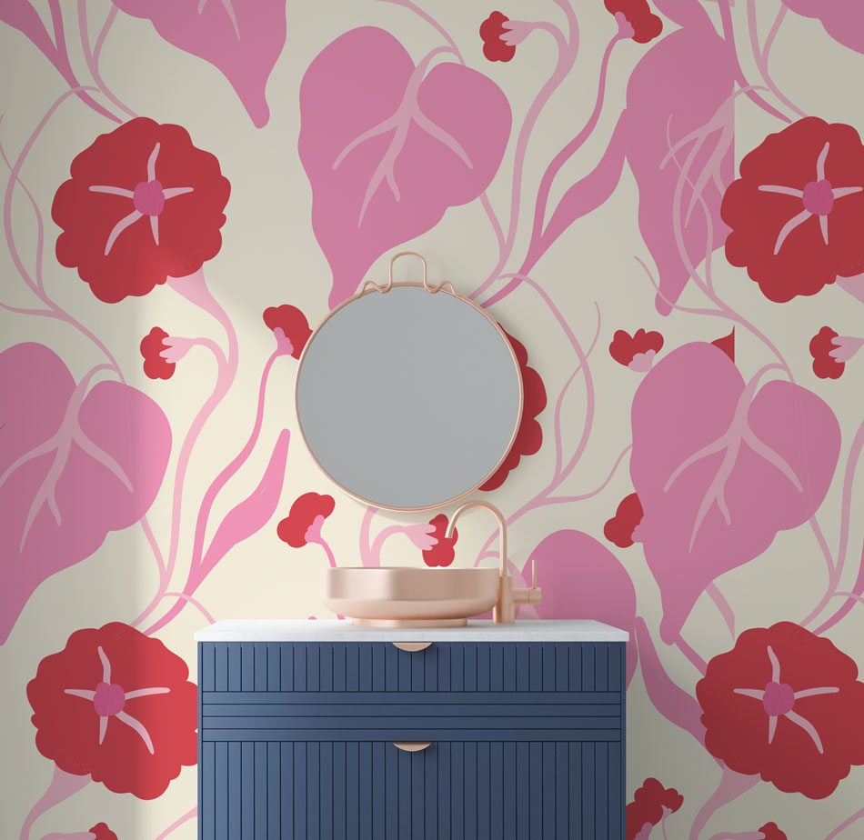 Pink and Red Floral Wallpaper : Retro Bloom and Leaf Pattern