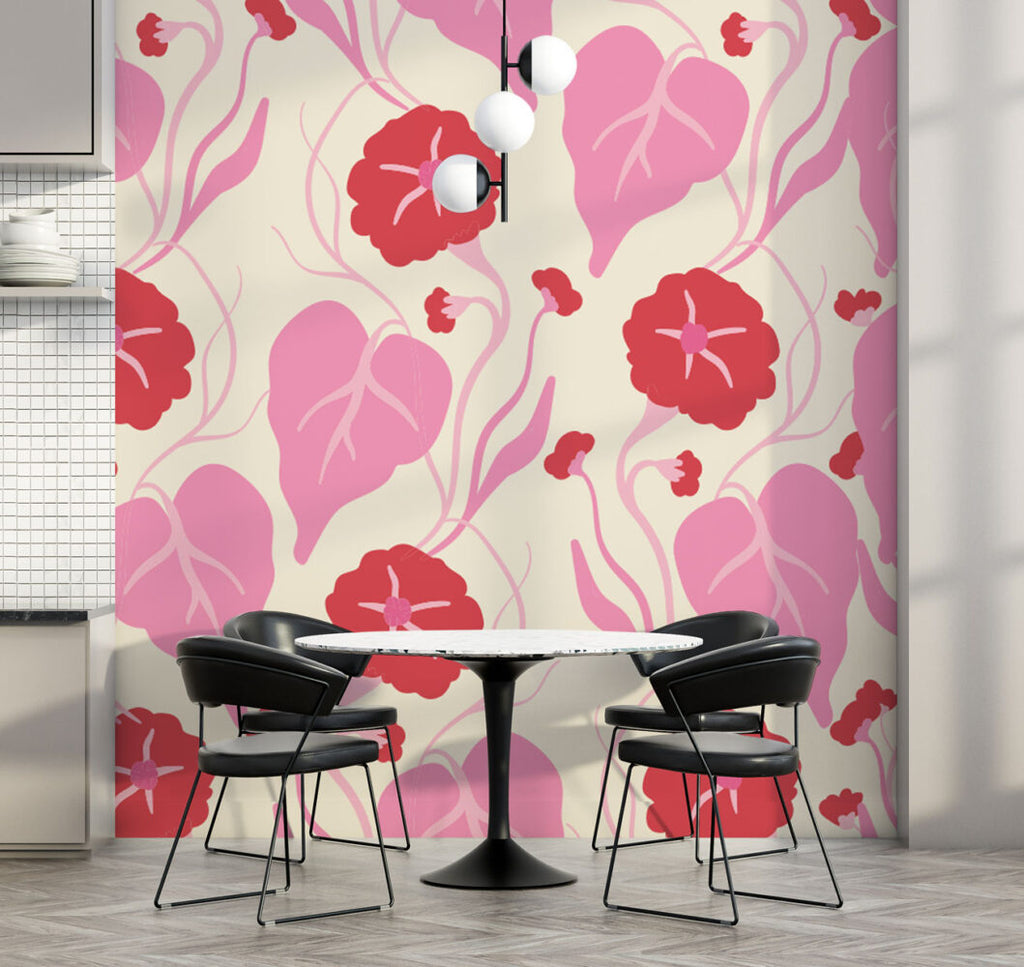 Pink and Red Floral Wallpaper : Retro Bloom and Leaf Pattern - View 2