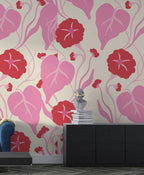 Pink and Red Floral Wallpaper : Retro Bloom and Leaf Pattern - View 3