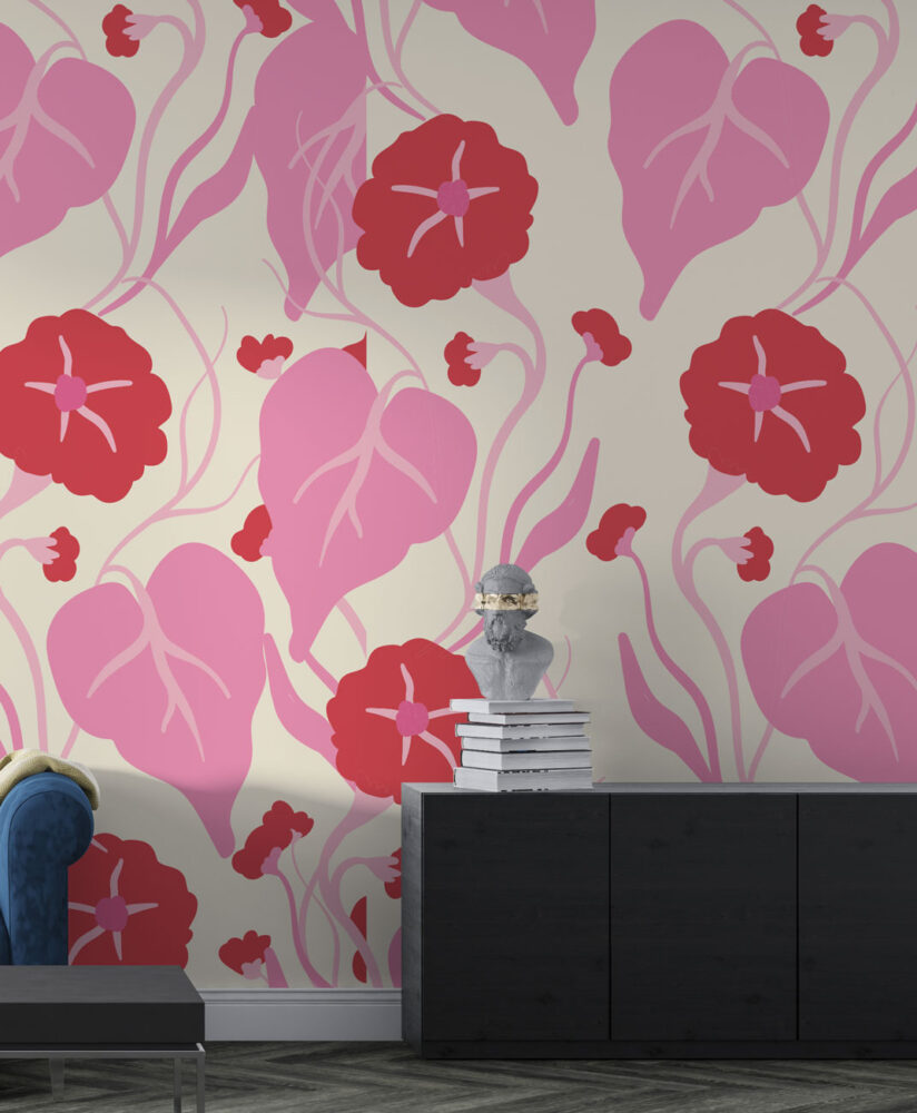Pink and Red Floral Wallpaper : Retro Bloom and Leaf Pattern - View 3
