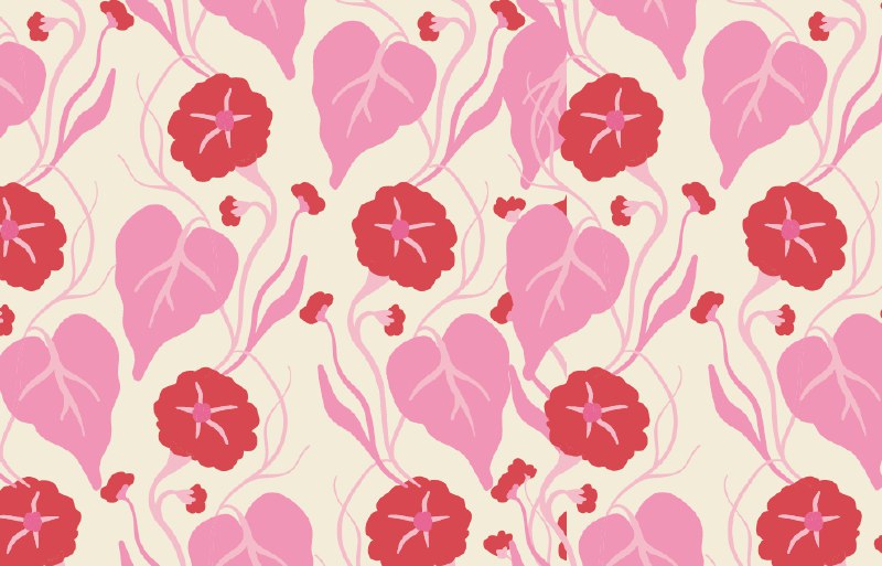 Pink and Red Floral Wallpaper : Retro Bloom and Leaf Pattern - flat design