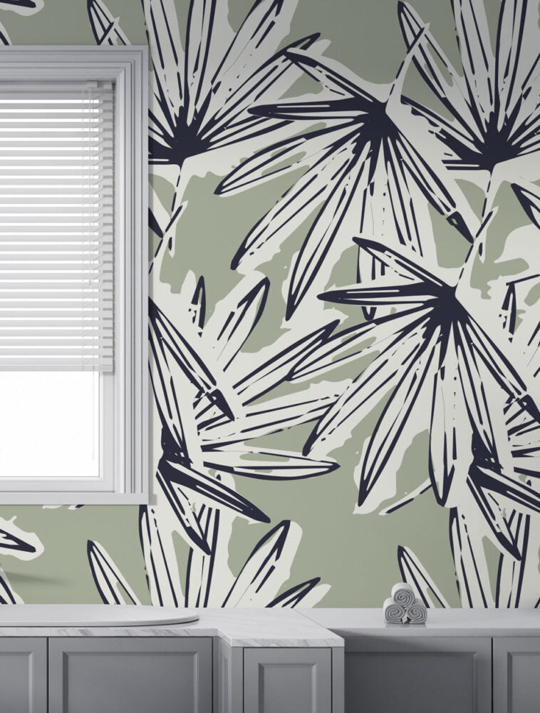 Navy and Sage Palm Wallpaper : Tropical Frond Sketch Pattern