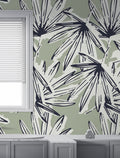 Navy and Sage Palm Wallpaper : Tropical Frond Sketch Pattern