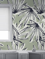 Navy and Sage Palm Wallpaper : Tropical Frond Sketch Pattern
