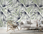 Navy and Sage Palm Wallpaper : Tropical Frond Sketch Pattern - View 2
