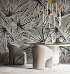 Navy and Sage Palm Wallpaper : Tropical Frond Sketch Pattern - View 3
