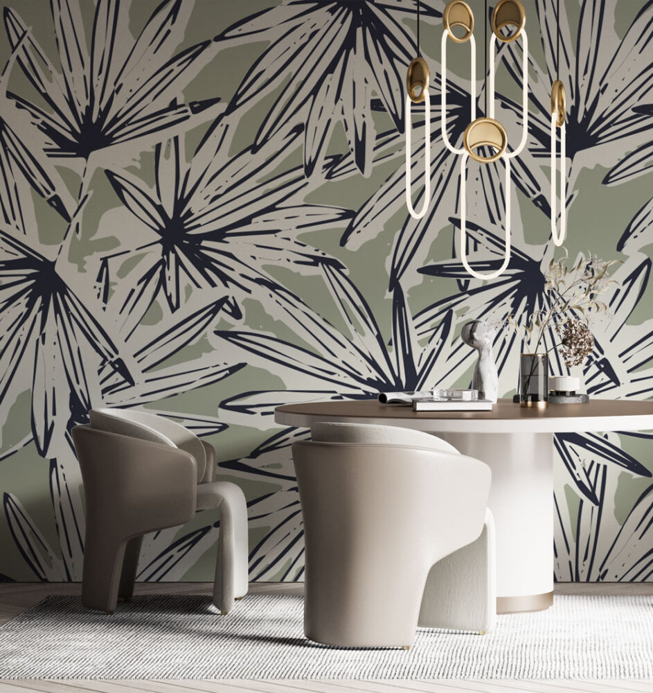 Navy and Sage Palm Wallpaper : Tropical Frond Sketch Pattern - View 3