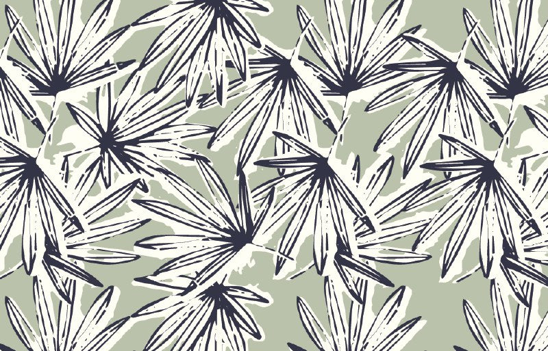 Navy and Sage Palm Wallpaper : Tropical Frond Sketch Pattern - flat design