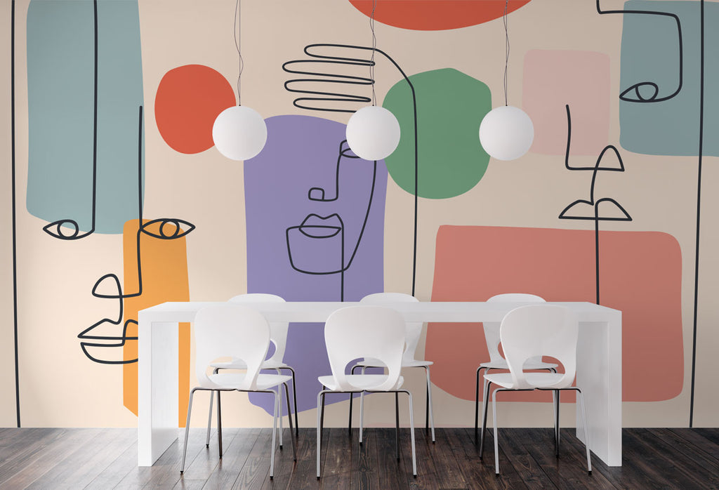 One Line Faces Wallpaper : Colourful Abstract Portrait Mural - View 2