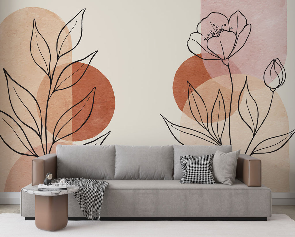 Soft Line Flower Wallpaper : Terracotta Sun Botanical Mural - View 3