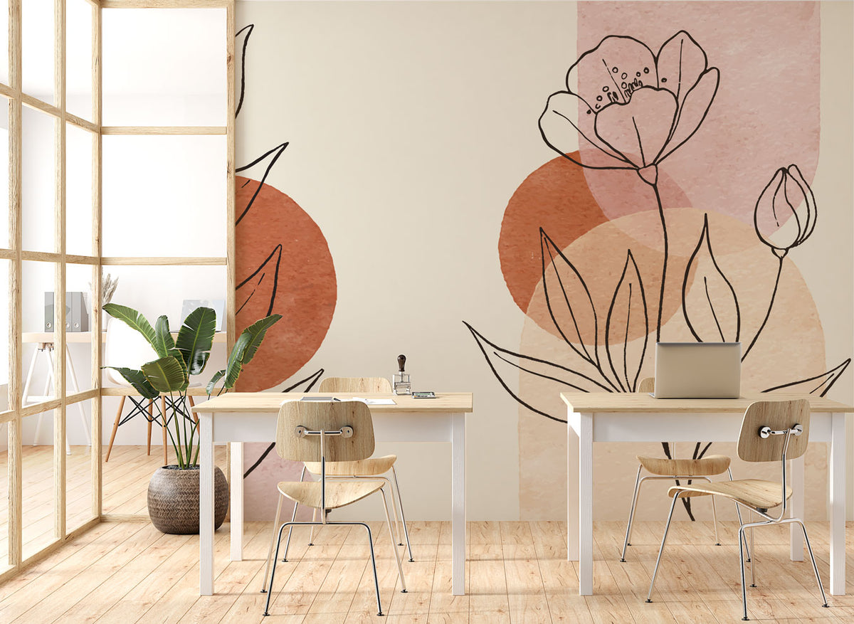 Soft Line Flower Wallpaper : Terracotta Sun Botanical Mural - View 4