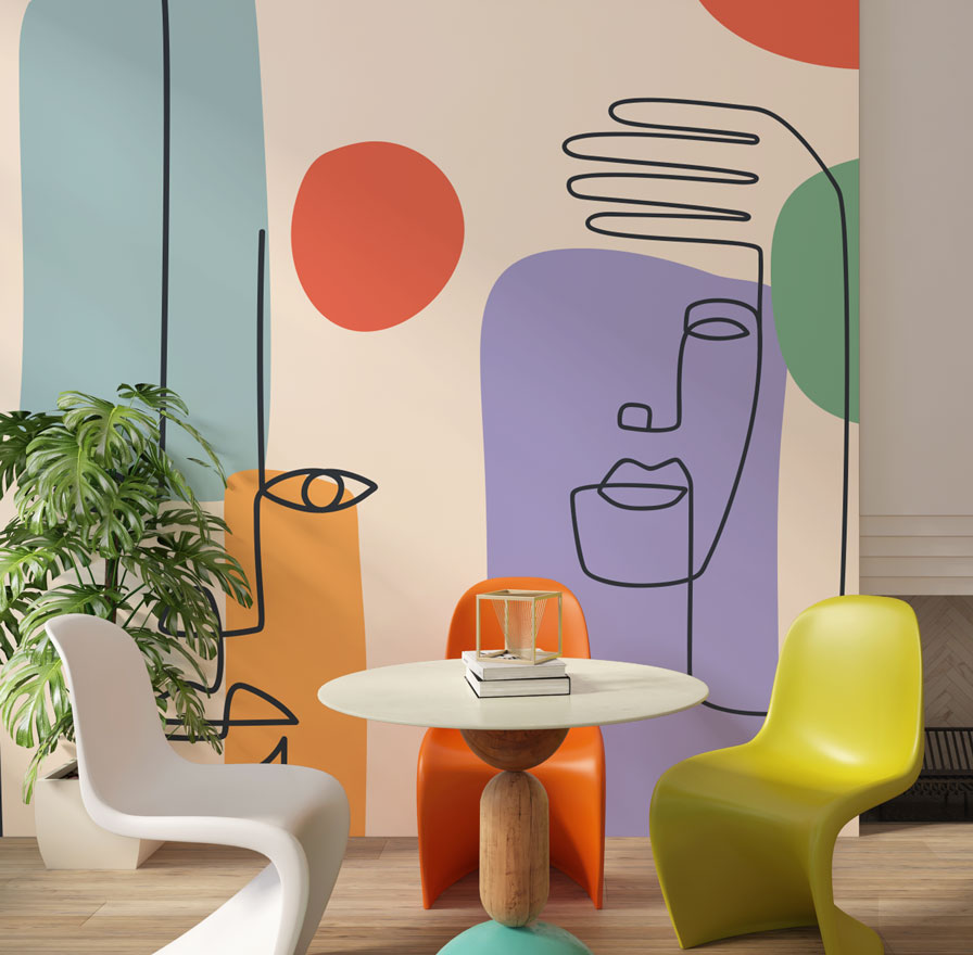 One Line Faces Wallpaper : Colourful Abstract Portrait Mural