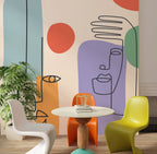 One Line Faces Wallpaper : Colourful Abstract Portrait Mural