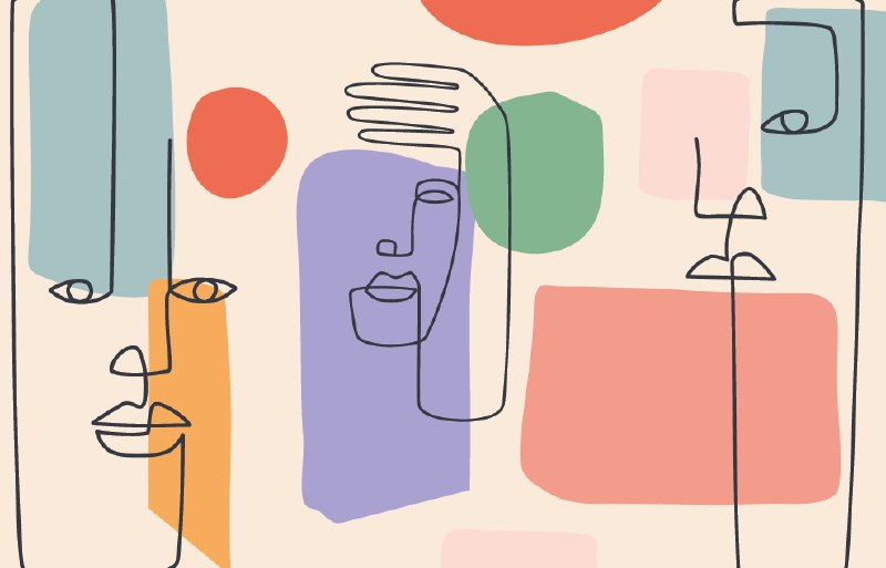 One Line Faces Wallpaper : Colourful Abstract Portrait Mural - flat design