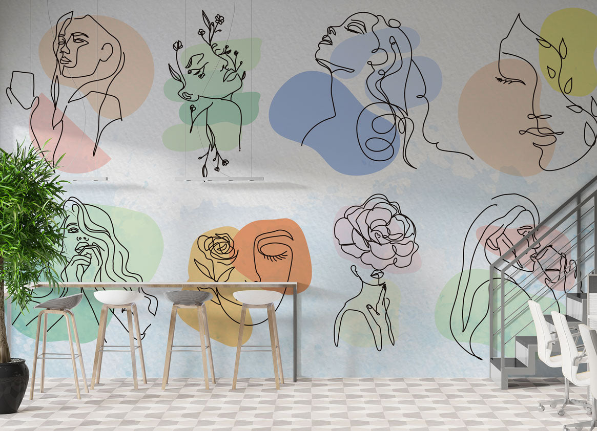 Line Art Women and Roses Wallpaper : Abstract Faces Mural