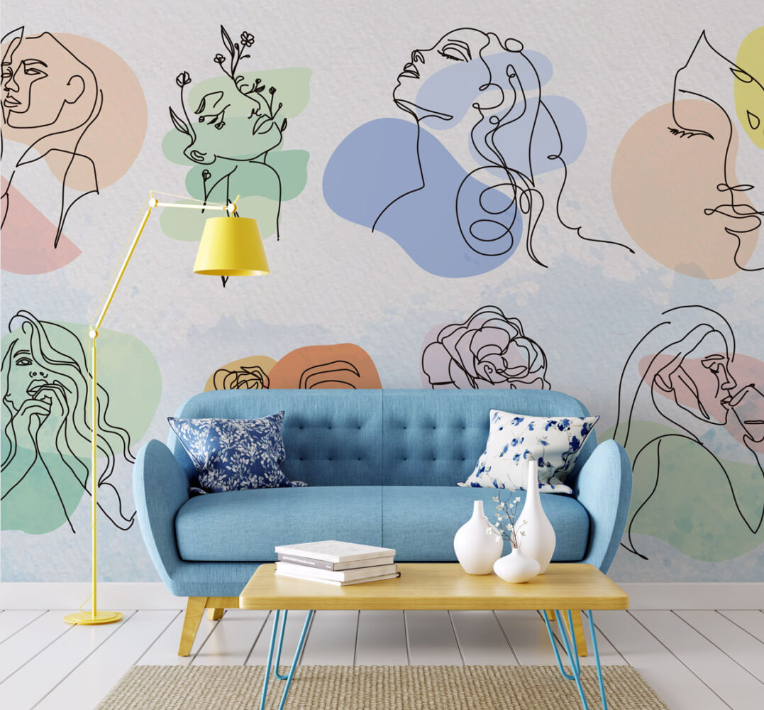Line Art Women and Roses Wallpaper : Abstract Faces Mural - View 2