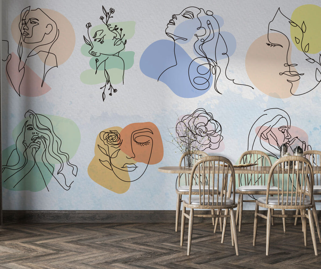 Line Art Women and Roses Wallpaper : Abstract Faces Mural - View 3