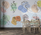 Line Art Women and Roses Wallpaper : Abstract Faces Mural - View 3