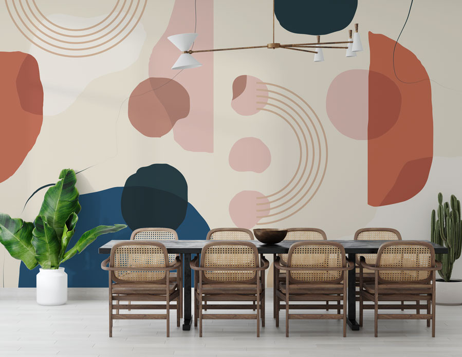 Terracotta Abstract Arches Wallpaper : Blush and Navy Shapes Mural - View 2