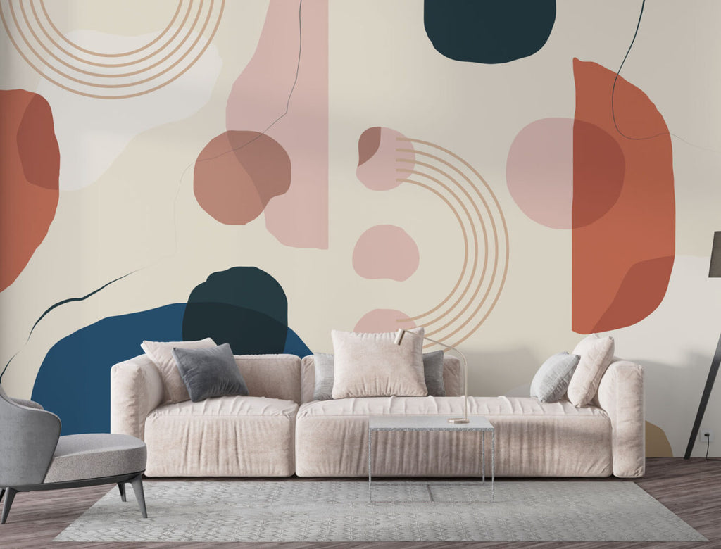 Terracotta Abstract Arches Wallpaper : Blush and Navy Shapes Mural - View 3