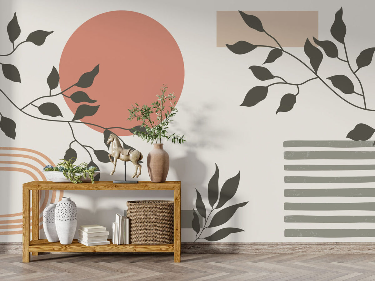 Boho Sun and Leaves Wallpaper : Terracotta Geometric Mural - View 2