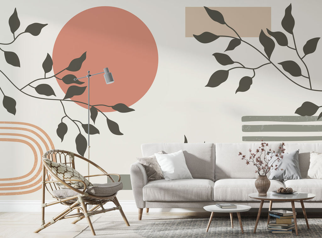 Boho Sun and Leaves Wallpaper : Terracotta Geometric Mural - View 3