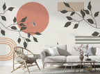 Boho Sun and Leaves Wallpaper : Terracotta Geometric Mural - View 3