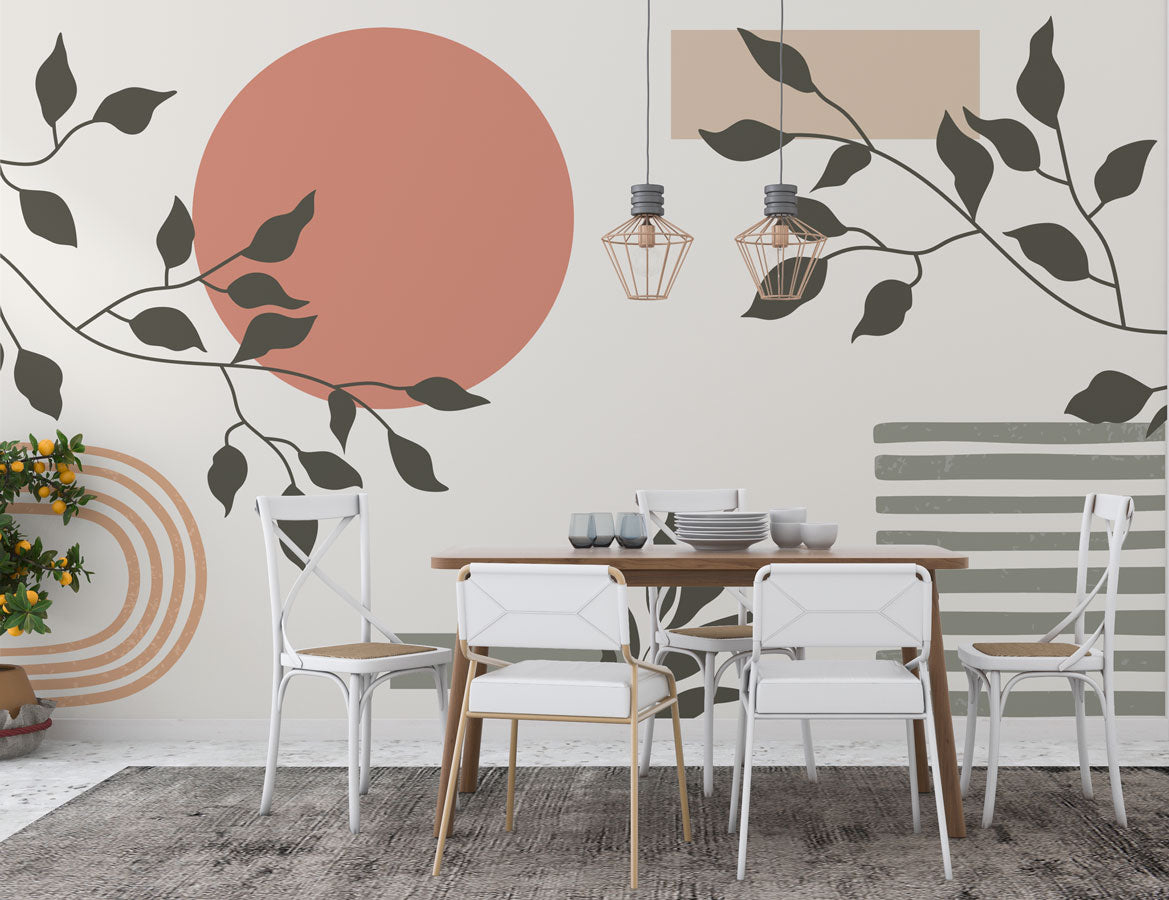Boho Sun and Leaves Wallpaper : Terracotta Geometric Mural