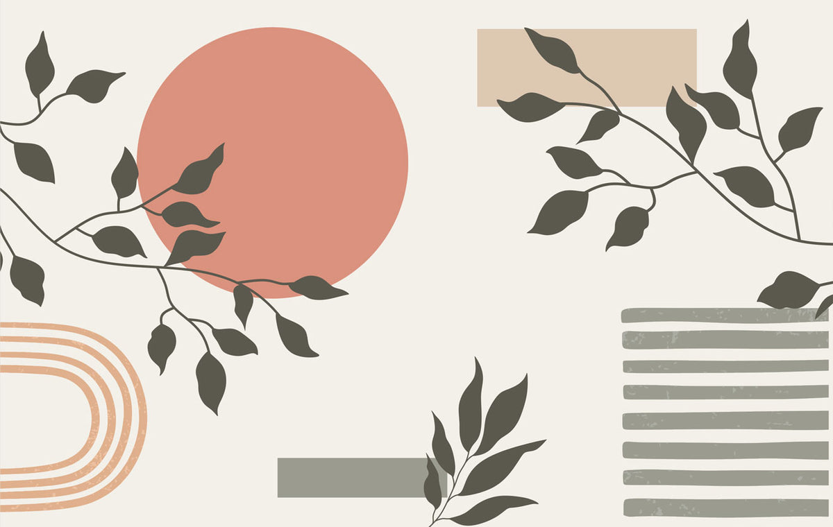 Boho Sun and Leaves Wallpaper : Terracotta Geometric Mural - flat design