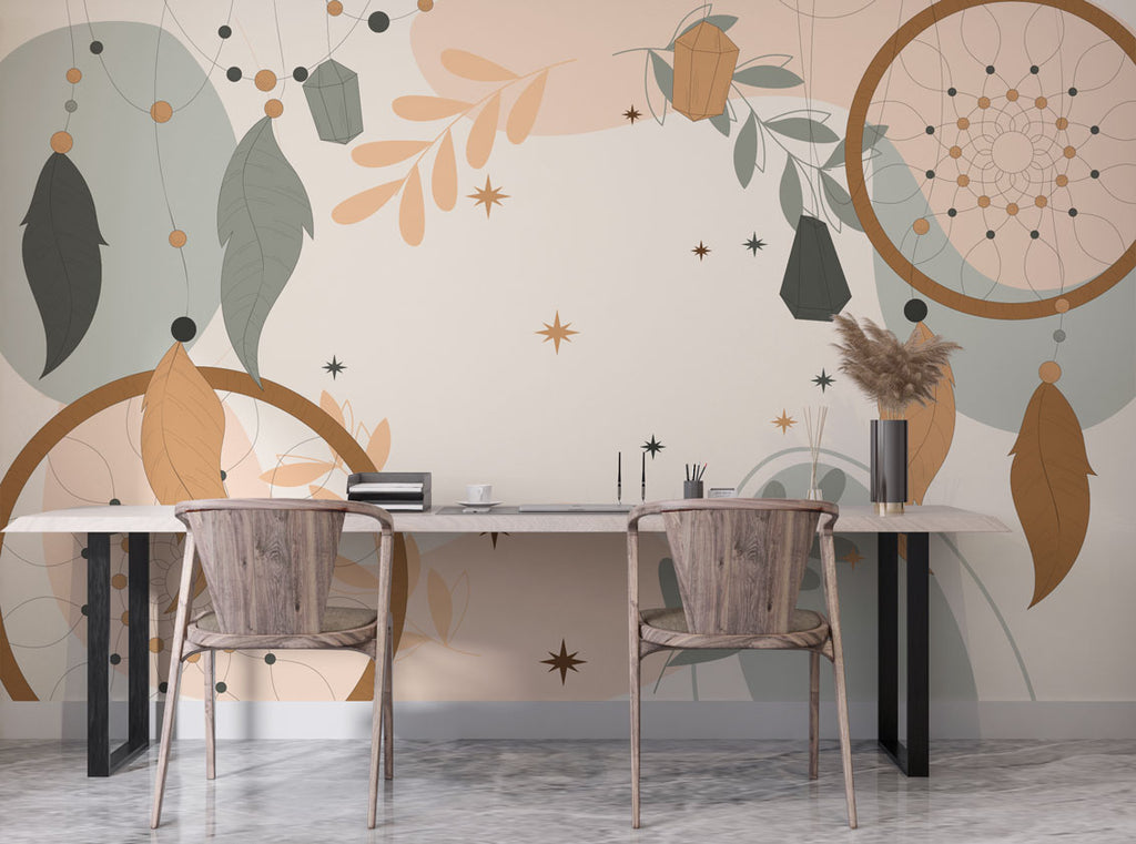 Boho Dreamcatcher Wallpaper : Feathers and Stars Mural - View 2