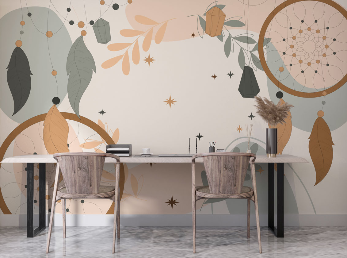 Boho Dreamcatcher Wallpaper : Feathers and Stars Mural - View 2
