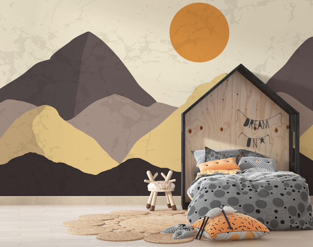 Pastel Mountains Wallpaper : Mustard Sun Layered Hills Mural - View 2