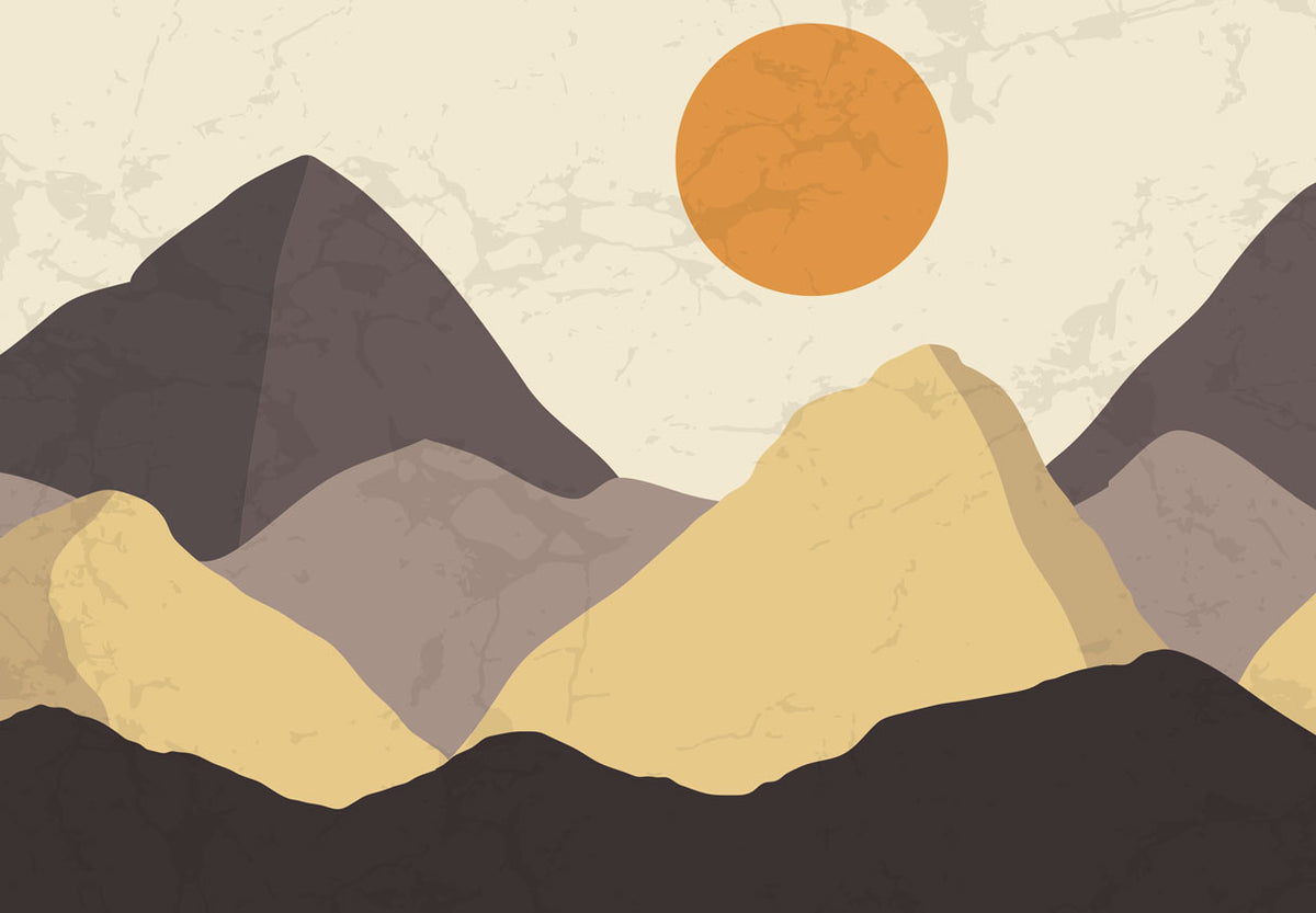 Pastel Mountains Wallpaper : Mustard Sun Layered Hills Mural - flat design