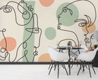 Abstract Line Faces Wallpaper : Sage and Peach Portrait Mural - View 2