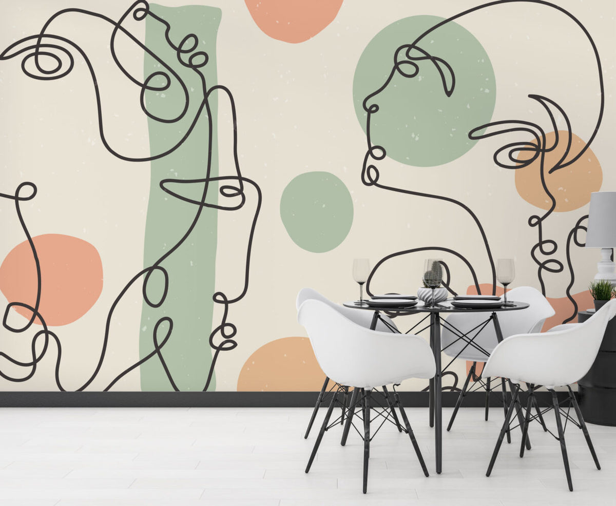 Abstract Line Faces Wallpaper : Sage and Peach Portrait Mural - View 2
