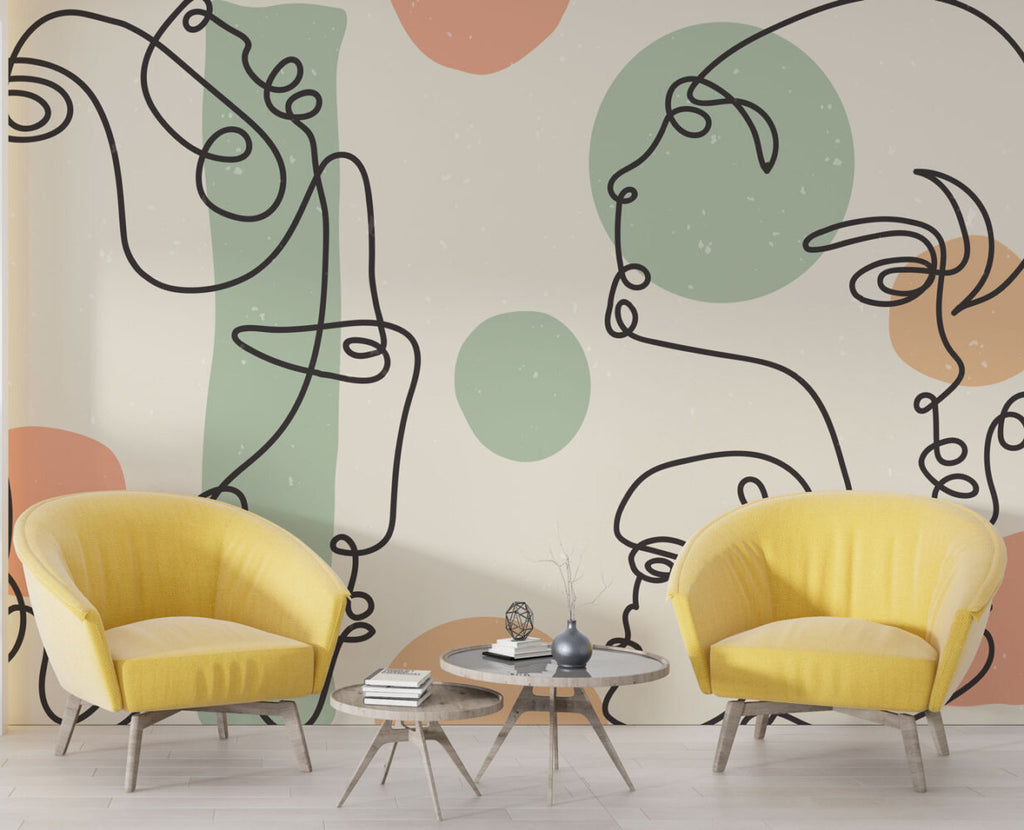 Abstract Line Faces Wallpaper : Sage and Peach Portrait Mural - View 3