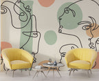 Abstract Line Faces Wallpaper : Sage and Peach Portrait Mural - View 3