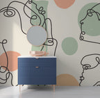Abstract Line Faces Wallpaper : Sage and Peach Portrait Mural