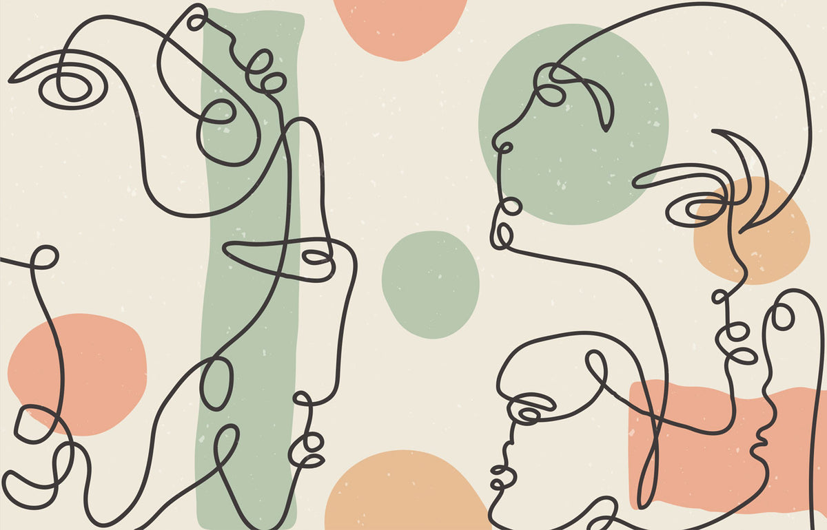 Abstract Line Faces Wallpaper : Sage and Peach Portrait Mural - flat design