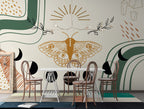 Boho Moth Wallpaper : Moon Phases and Geometric Mural - View 2