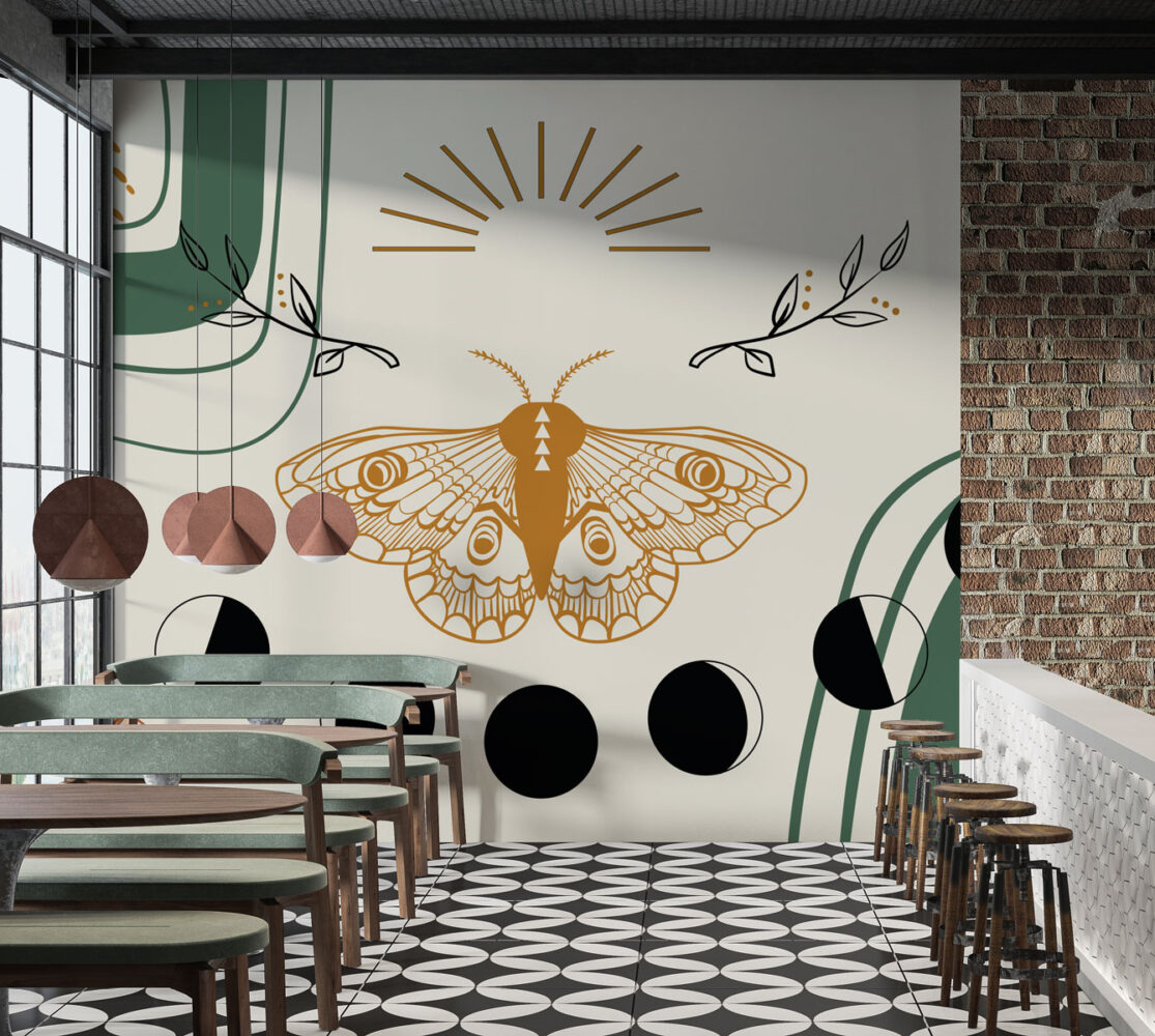 Boho Moth Wallpaper : Moon Phases and Geometric Mural - View 3