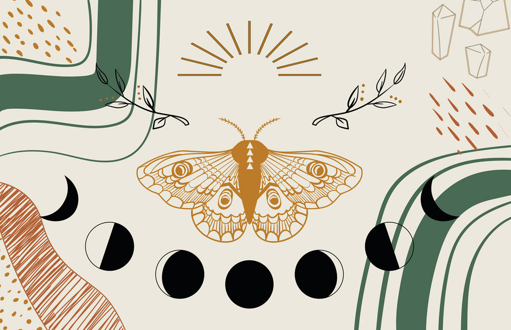 Boho Moth Wallpaper : Moon Phases and Geometric Mural - flat design