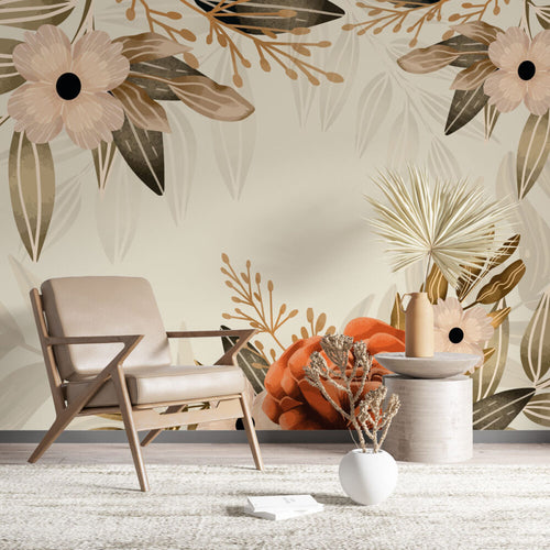 Soft Floral Frame Wallpaper : Peach Blossoms and Ferns Mural
