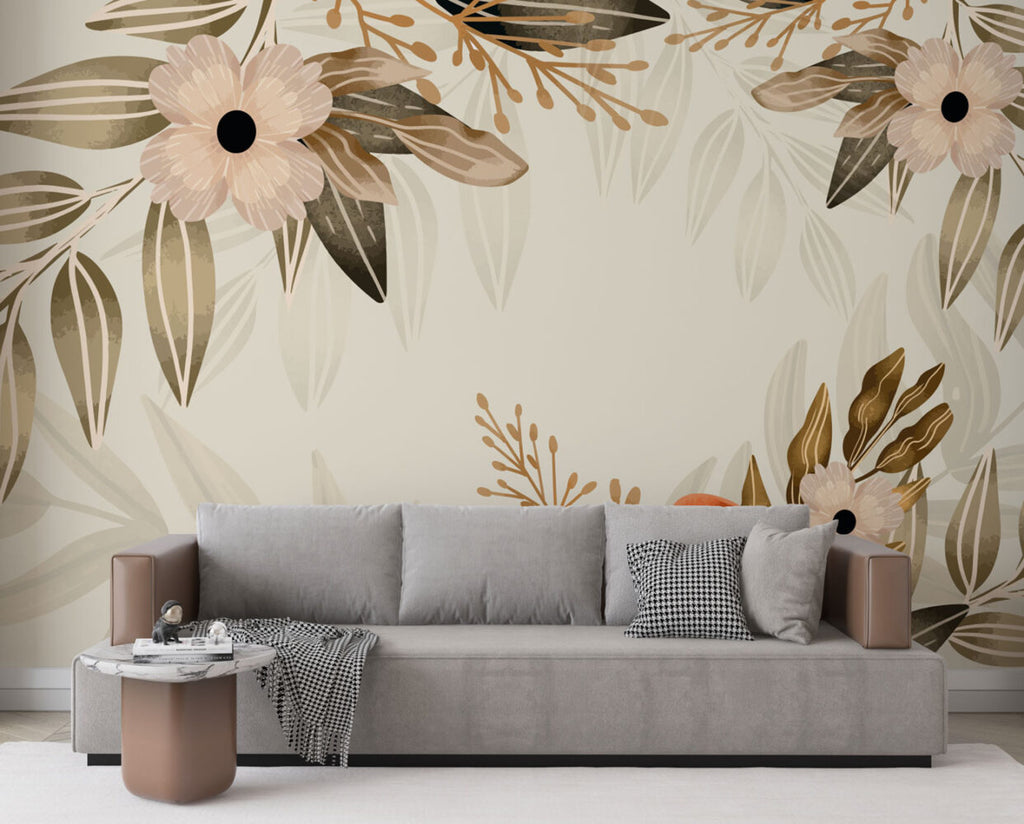 Soft Floral Frame Wallpaper : Peach Blossoms and Ferns Mural - View 2