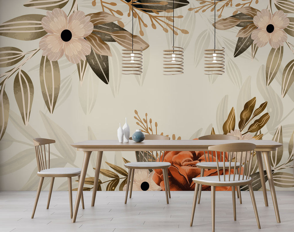 Soft Floral Frame Wallpaper : Peach Blossoms and Ferns Mural - View 3