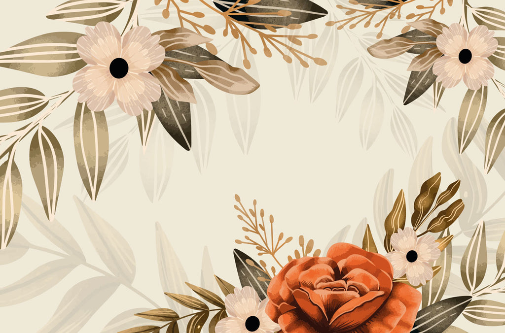 Soft Floral Frame Wallpaper : Peach Blossoms and Ferns Mural - flat design