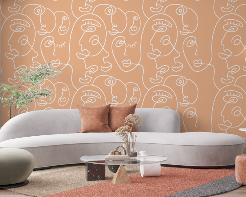 Peach Line Portraits Wallpaper : White One Line Faces Pattern