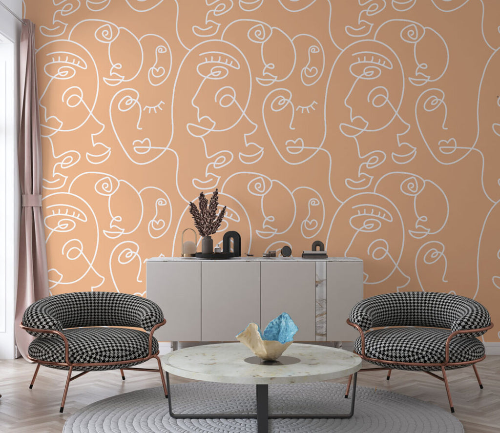 Peach Line Portraits Wallpaper : White One Line Faces Pattern - View 2