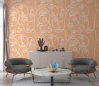 Peach Line Portraits Wallpaper : White One Line Faces Pattern - View 2