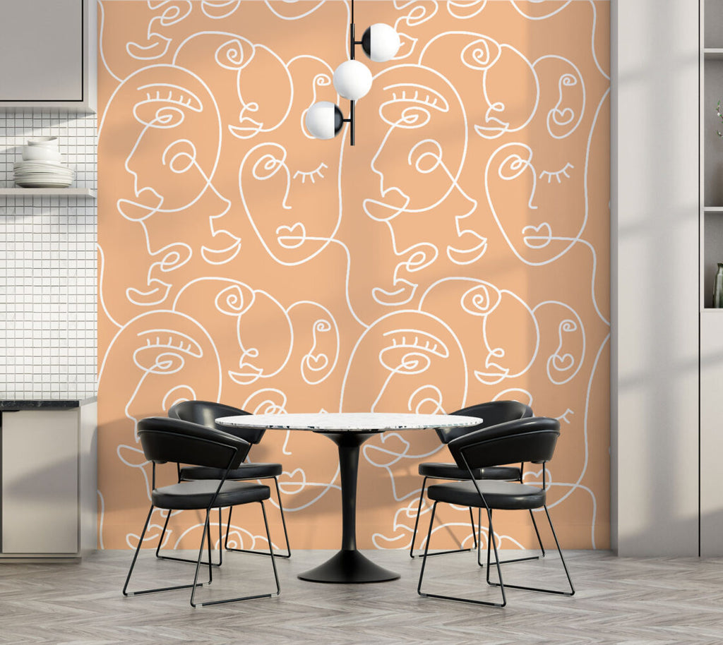 Peach Line Portraits Wallpaper : White One Line Faces Pattern - View 3